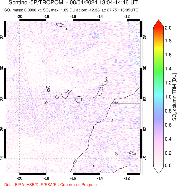 A sulfur dioxide image over Canary Islands on Aug 04, 2024.