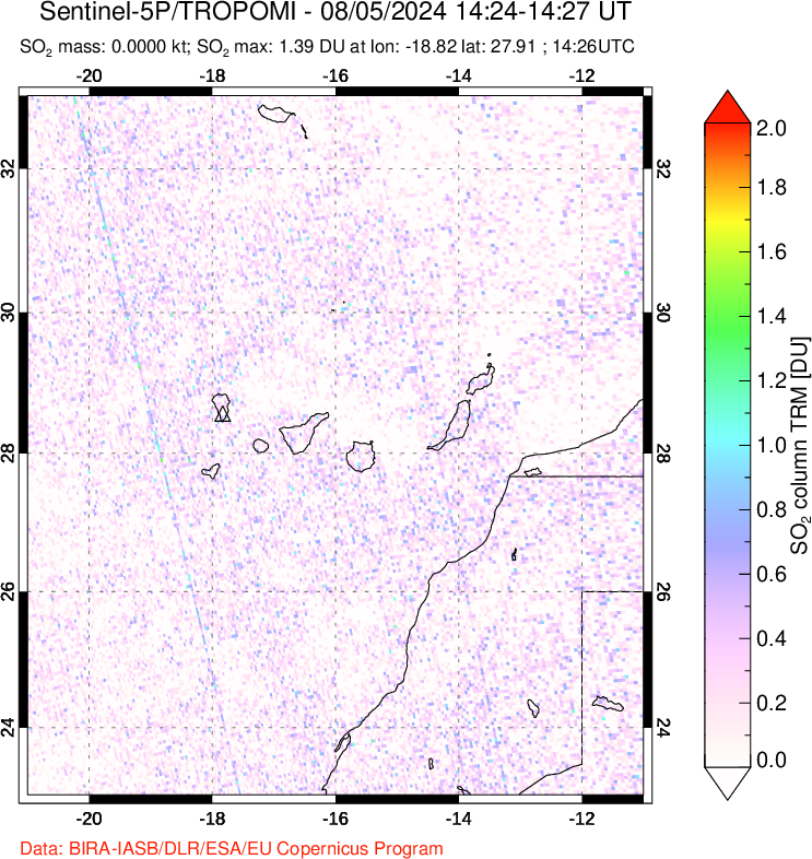 A sulfur dioxide image over Canary Islands on Aug 05, 2024.