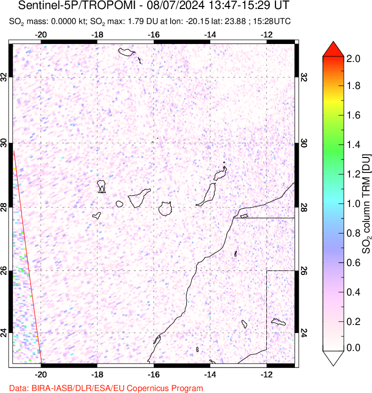 A sulfur dioxide image over Canary Islands on Aug 07, 2024.