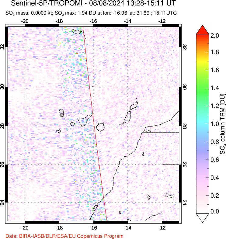 A sulfur dioxide image over Canary Islands on Aug 08, 2024.