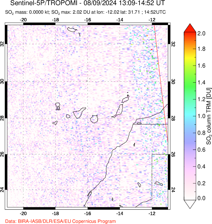 A sulfur dioxide image over Canary Islands on Aug 09, 2024.