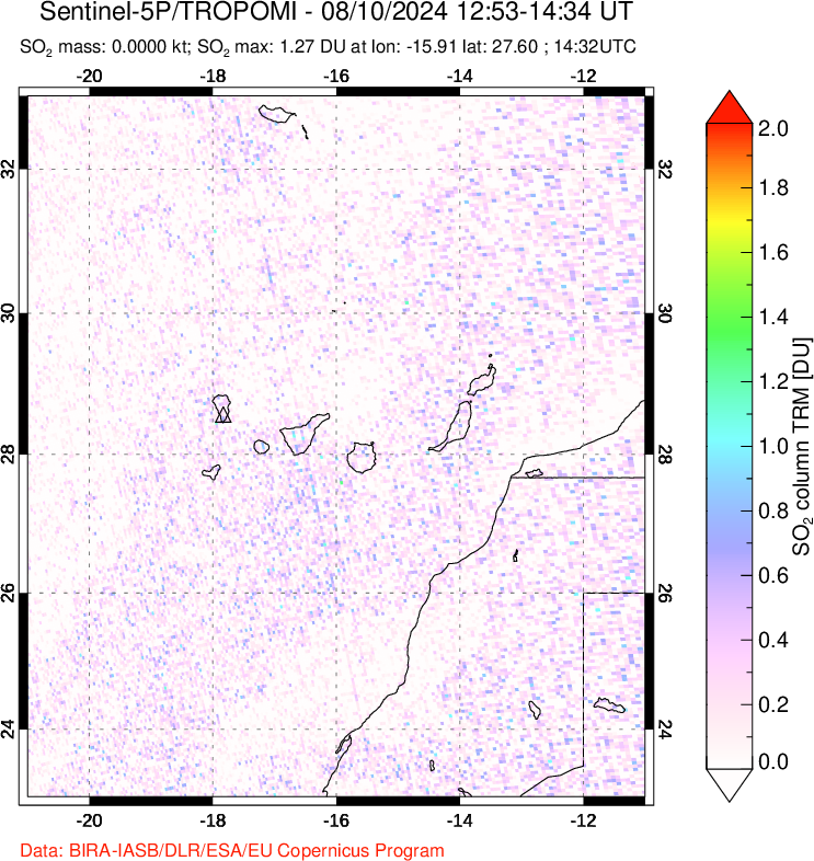 A sulfur dioxide image over Canary Islands on Aug 10, 2024.