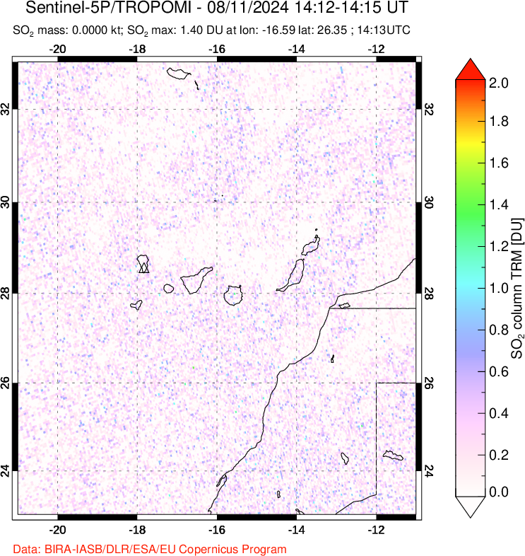 A sulfur dioxide image over Canary Islands on Aug 11, 2024.