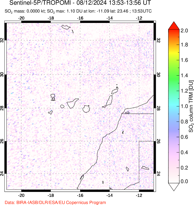 A sulfur dioxide image over Canary Islands on Aug 12, 2024.