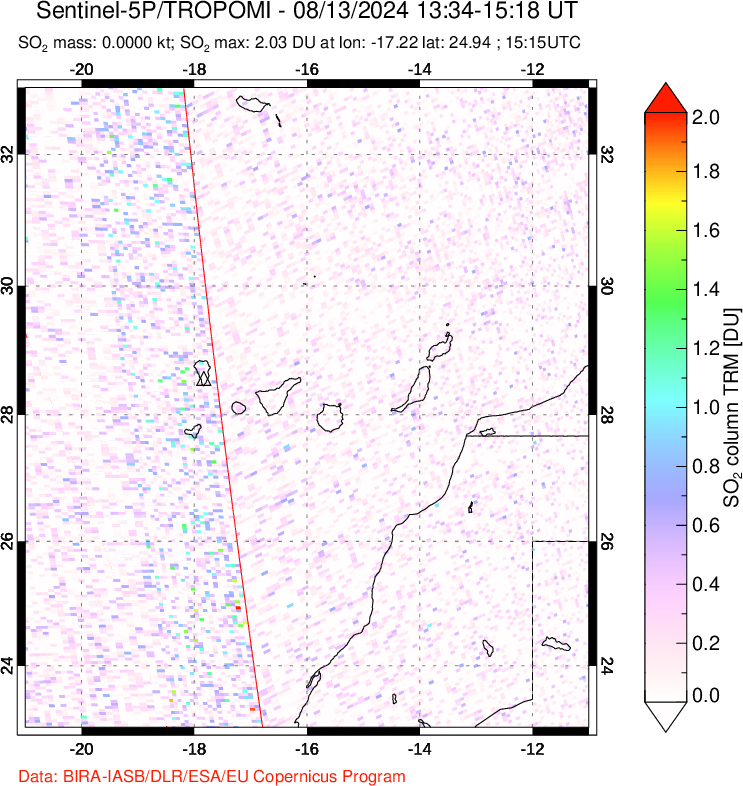 A sulfur dioxide image over Canary Islands on Aug 13, 2024.