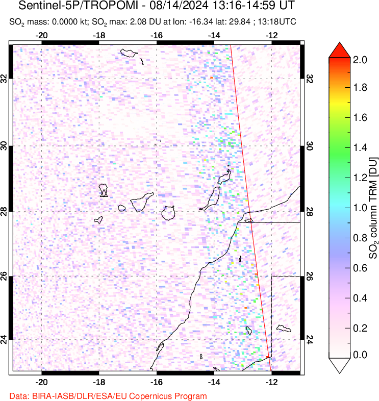 A sulfur dioxide image over Canary Islands on Aug 14, 2024.