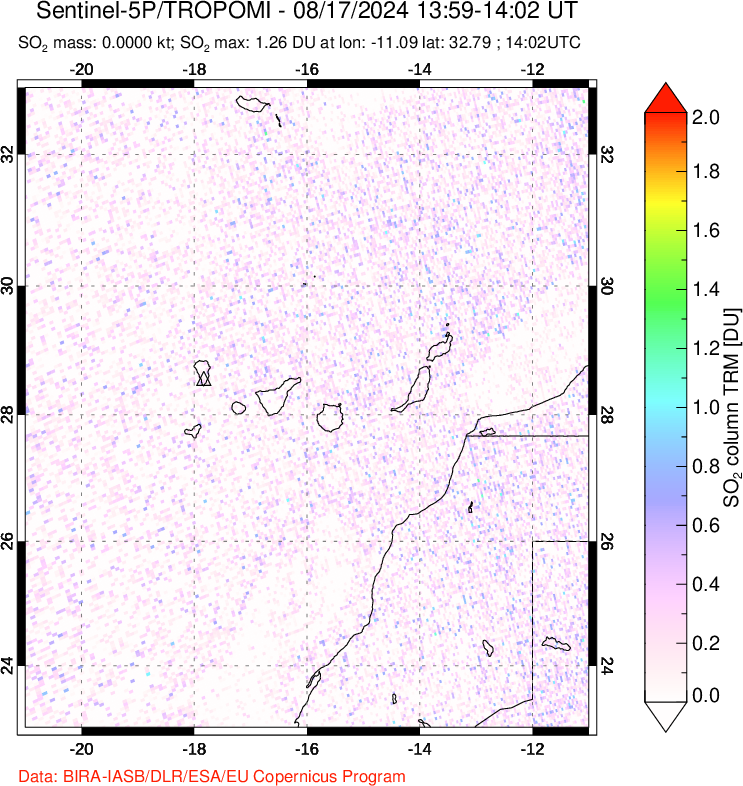 A sulfur dioxide image over Canary Islands on Aug 17, 2024.