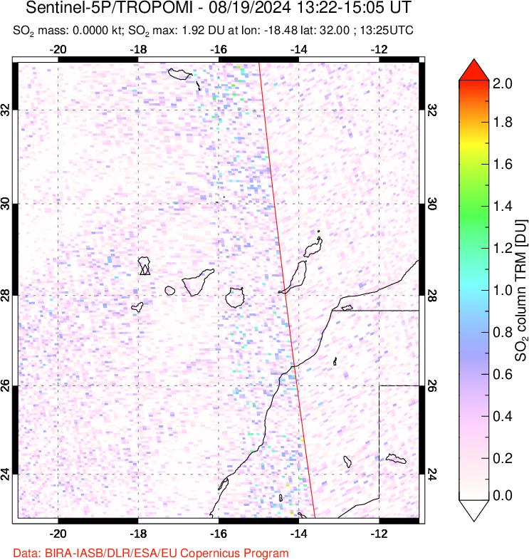 A sulfur dioxide image over Canary Islands on Aug 19, 2024.