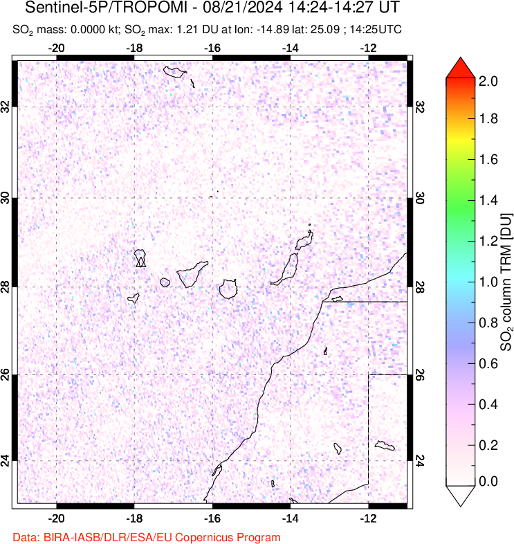 A sulfur dioxide image over Canary Islands on Aug 21, 2024.