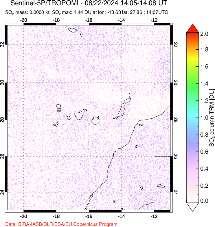 A sulfur dioxide image over Canary Islands on Aug 22, 2024.