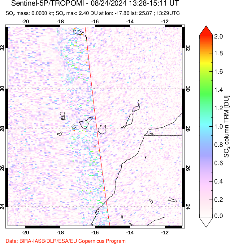 A sulfur dioxide image over Canary Islands on Aug 24, 2024.