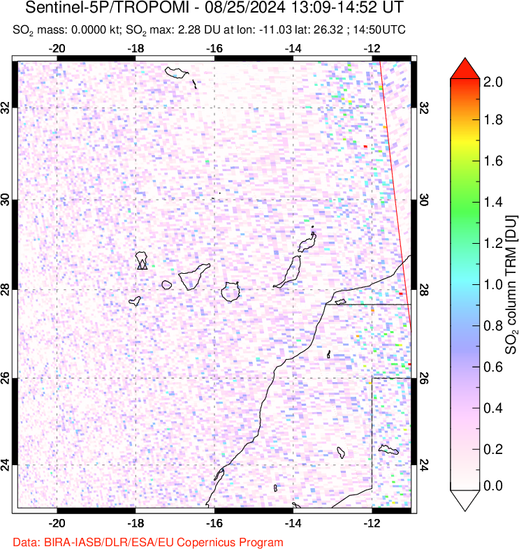 A sulfur dioxide image over Canary Islands on Aug 25, 2024.