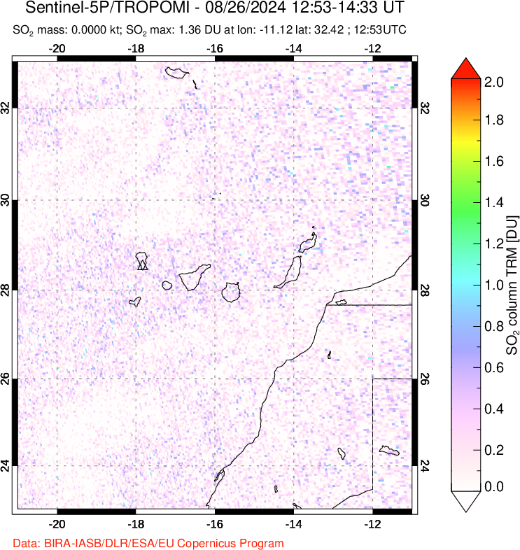 A sulfur dioxide image over Canary Islands on Aug 26, 2024.