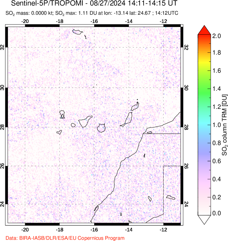 A sulfur dioxide image over Canary Islands on Aug 27, 2024.