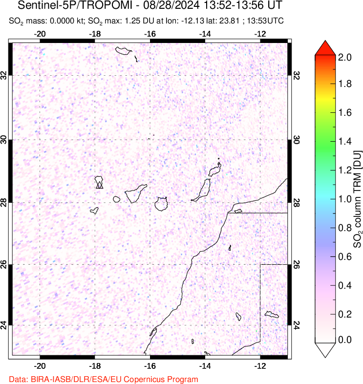 A sulfur dioxide image over Canary Islands on Aug 28, 2024.