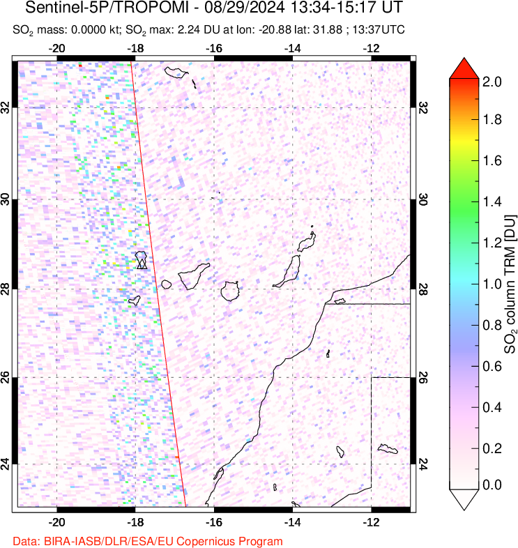 A sulfur dioxide image over Canary Islands on Aug 29, 2024.