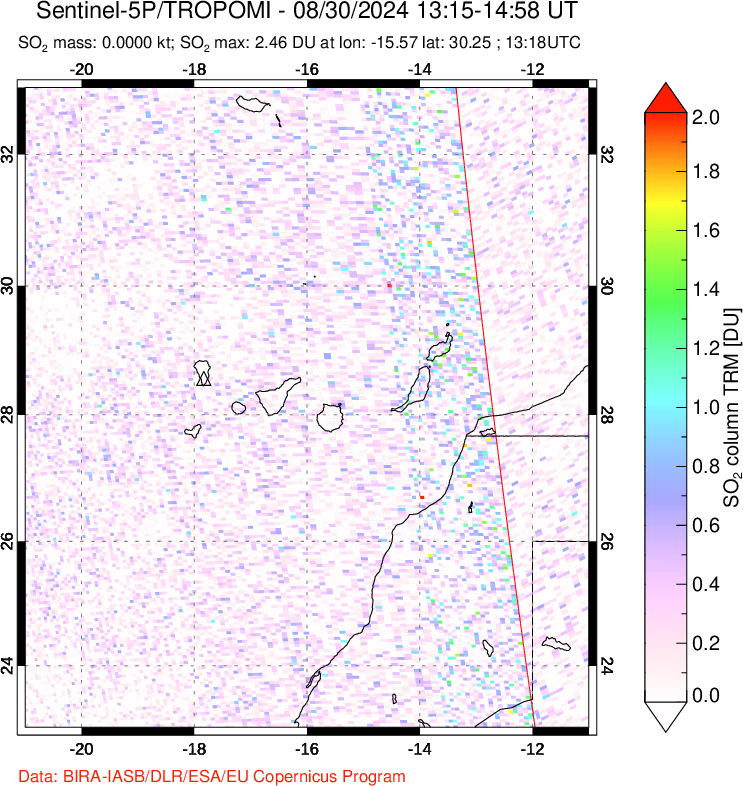 A sulfur dioxide image over Canary Islands on Aug 30, 2024.