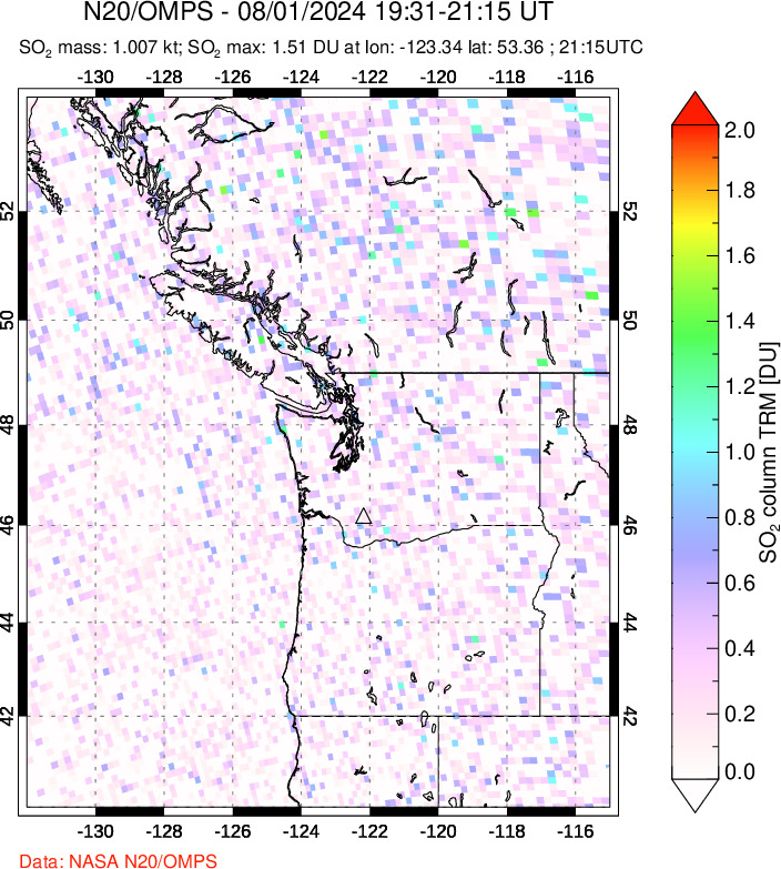 A sulfur dioxide image over Cascade Range, USA on Aug 01, 2024.