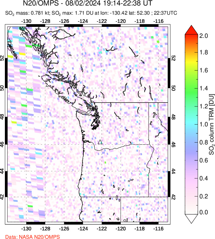 A sulfur dioxide image over Cascade Range, USA on Aug 02, 2024.