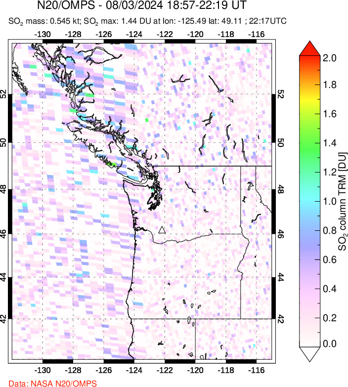 A sulfur dioxide image over Cascade Range, USA on Aug 03, 2024.