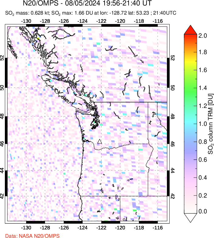 A sulfur dioxide image over Cascade Range, USA on Aug 05, 2024.