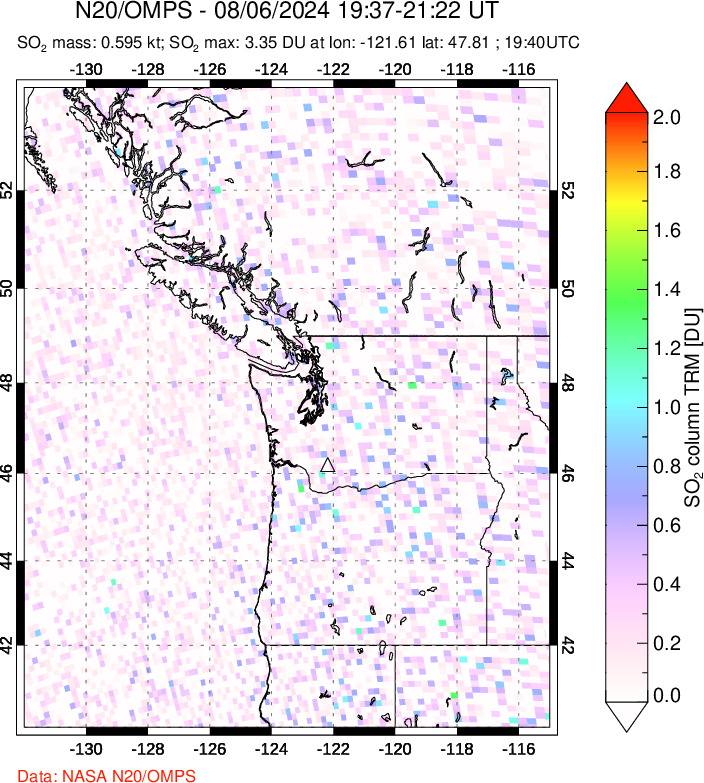 A sulfur dioxide image over Cascade Range, USA on Aug 06, 2024.