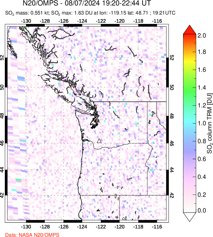 A sulfur dioxide image over Cascade Range, USA on Aug 07, 2024.