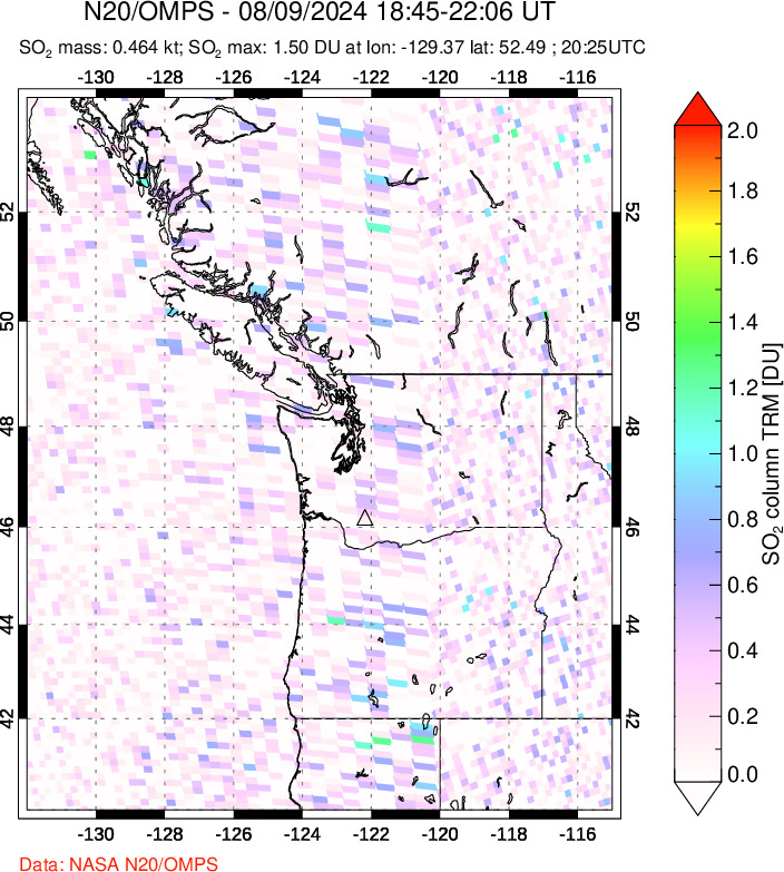 A sulfur dioxide image over Cascade Range, USA on Aug 09, 2024.