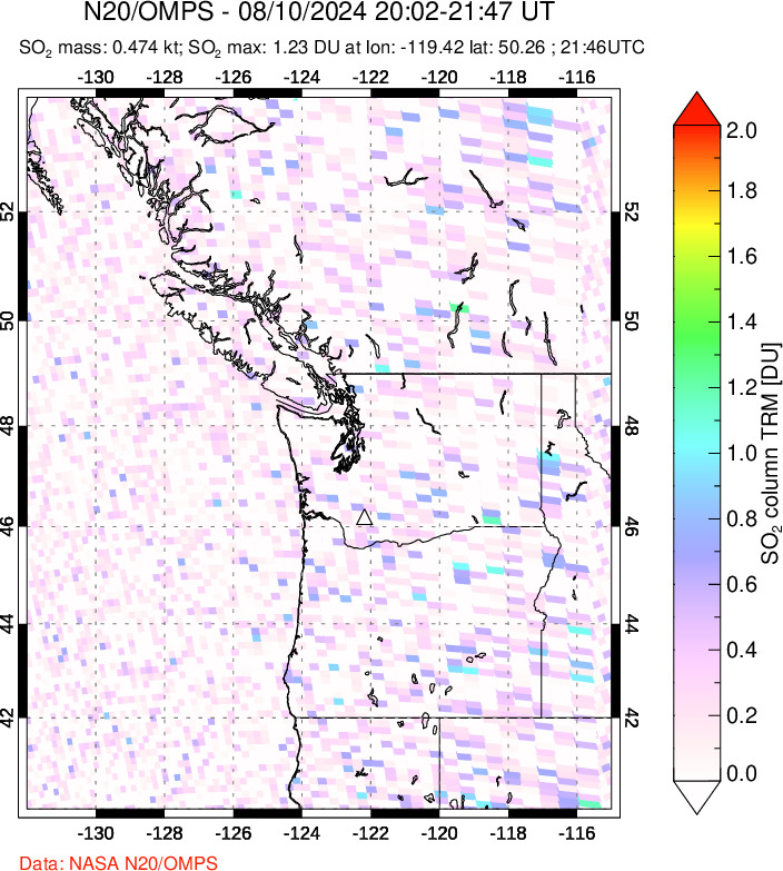 A sulfur dioxide image over Cascade Range, USA on Aug 10, 2024.