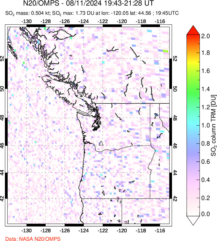 A sulfur dioxide image over Cascade Range, USA on Aug 11, 2024.