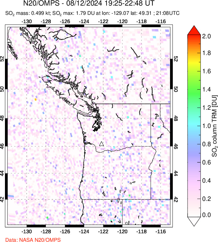 A sulfur dioxide image over Cascade Range, USA on Aug 12, 2024.