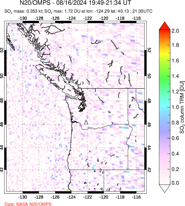 A sulfur dioxide image over Cascade Range, USA on Aug 16, 2024.