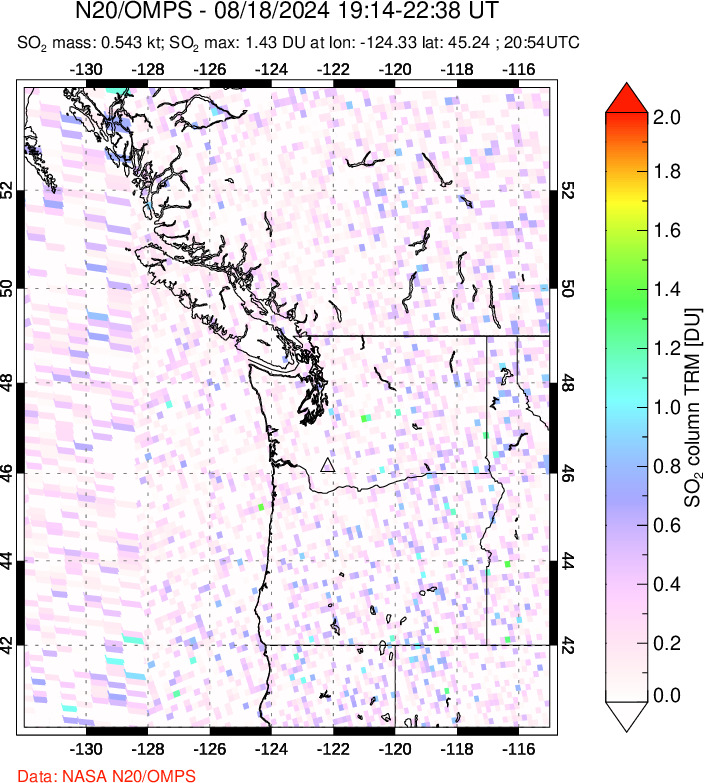 A sulfur dioxide image over Cascade Range, USA on Aug 18, 2024.