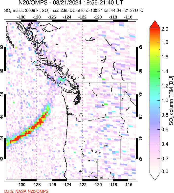 A sulfur dioxide image over Cascade Range, USA on Aug 21, 2024.