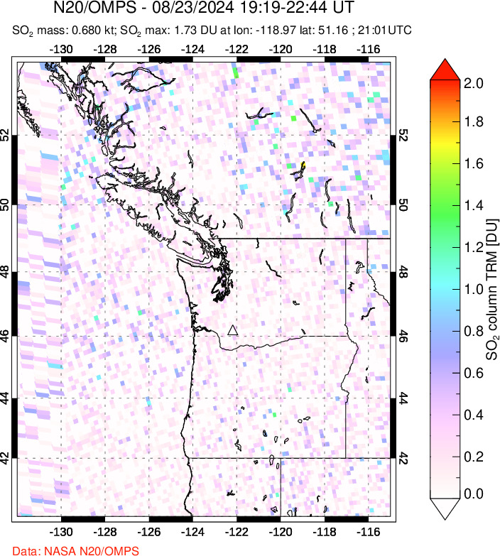 A sulfur dioxide image over Cascade Range, USA on Aug 23, 2024.