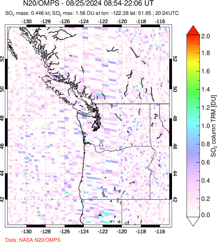 A sulfur dioxide image over Cascade Range, USA on Aug 25, 2024.