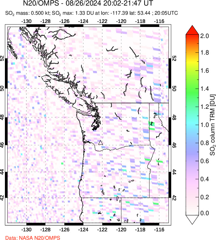 A sulfur dioxide image over Cascade Range, USA on Aug 26, 2024.