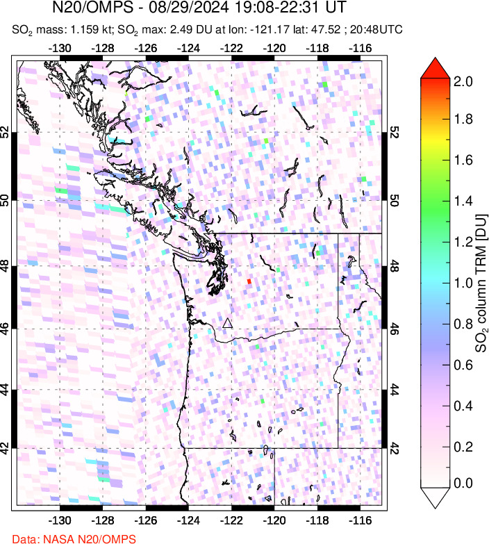 A sulfur dioxide image over Cascade Range, USA on Aug 29, 2024.