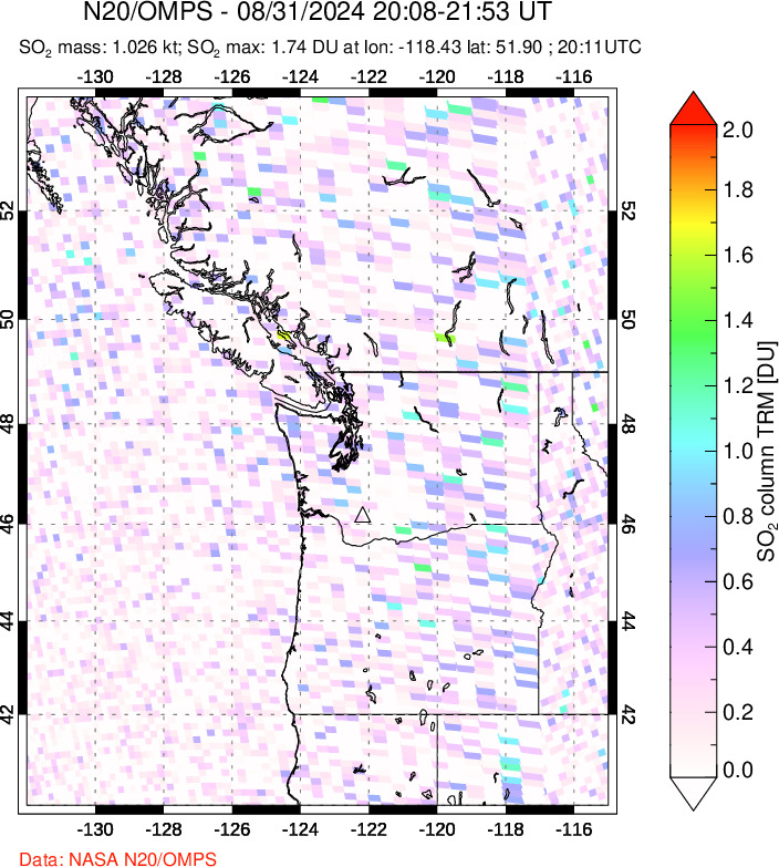 A sulfur dioxide image over Cascade Range, USA on Aug 31, 2024.