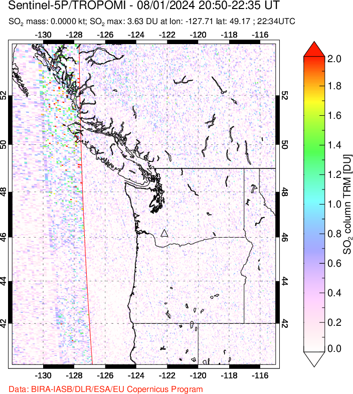 A sulfur dioxide image over Cascade Range, USA on Aug 01, 2024.