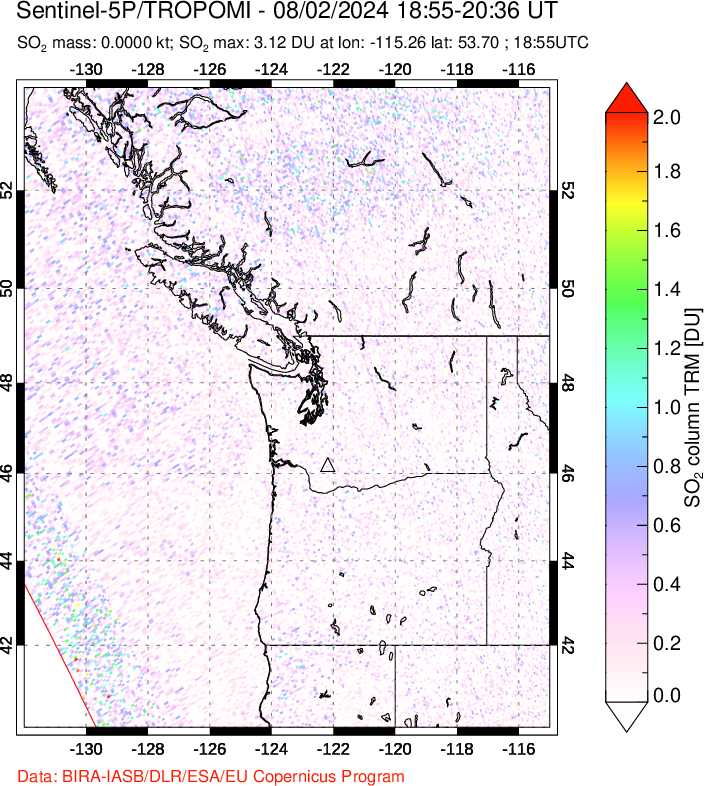 A sulfur dioxide image over Cascade Range, USA on Aug 02, 2024.