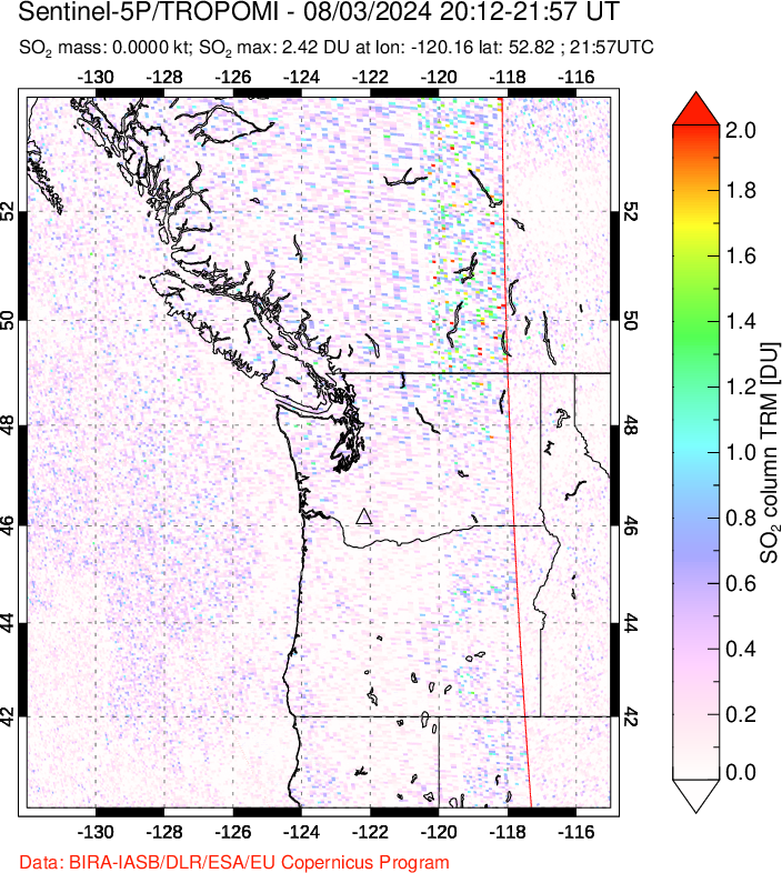 A sulfur dioxide image over Cascade Range, USA on Aug 03, 2024.