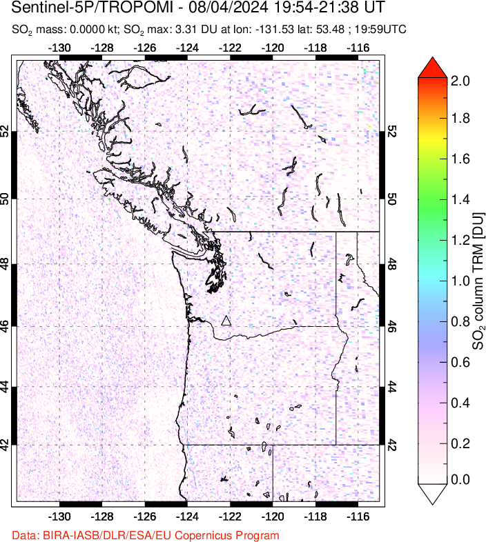 A sulfur dioxide image over Cascade Range, USA on Aug 04, 2024.