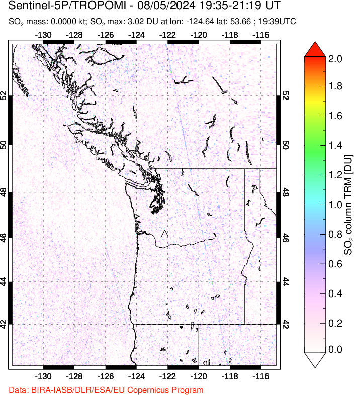 A sulfur dioxide image over Cascade Range, USA on Aug 05, 2024.