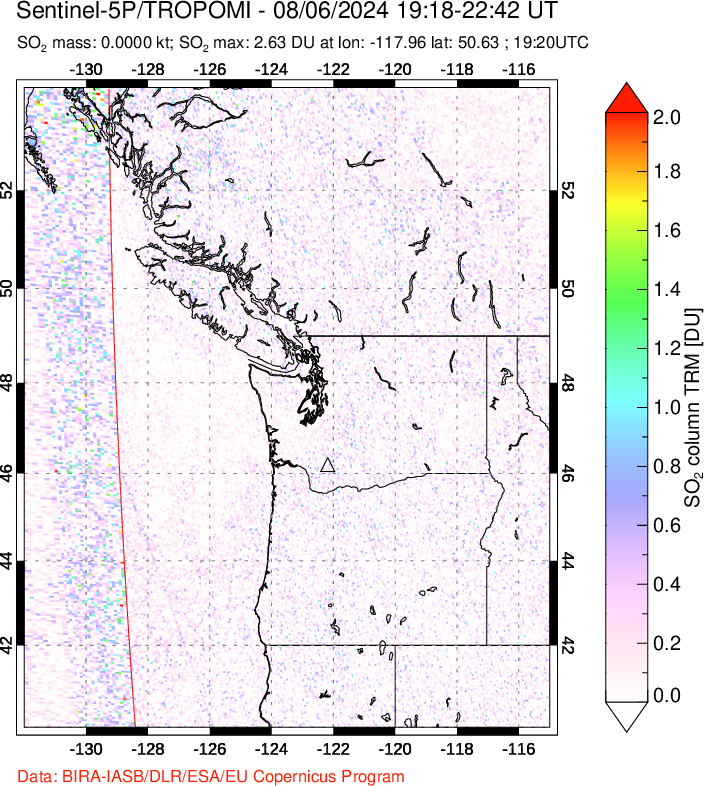 A sulfur dioxide image over Cascade Range, USA on Aug 06, 2024.