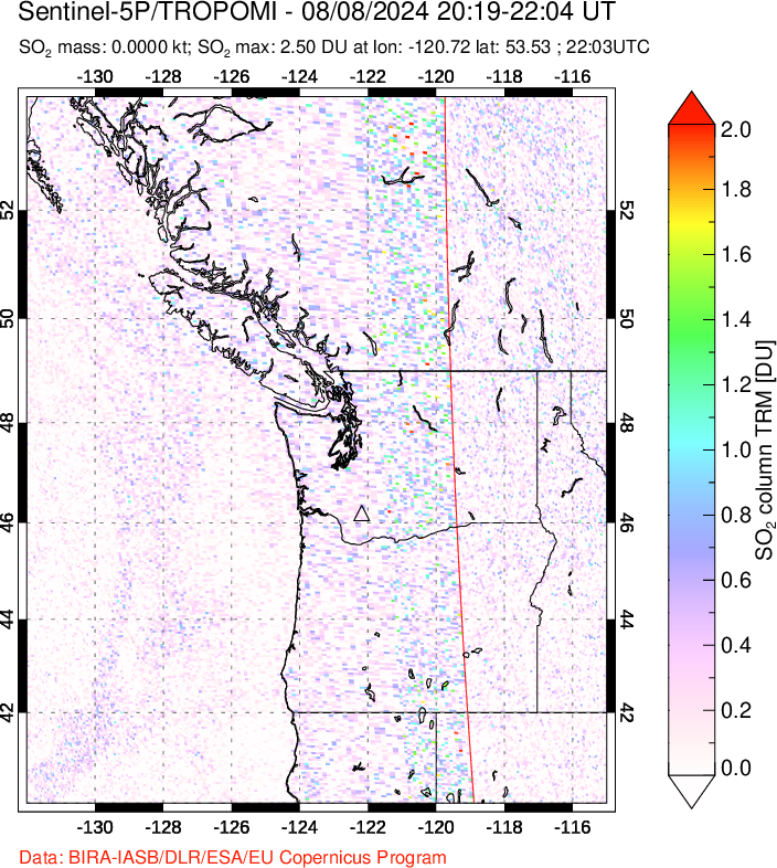 A sulfur dioxide image over Cascade Range, USA on Aug 08, 2024.