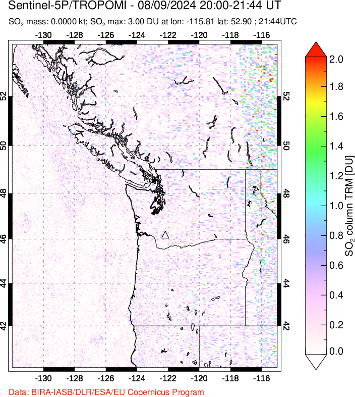 A sulfur dioxide image over Cascade Range, USA on Aug 09, 2024.