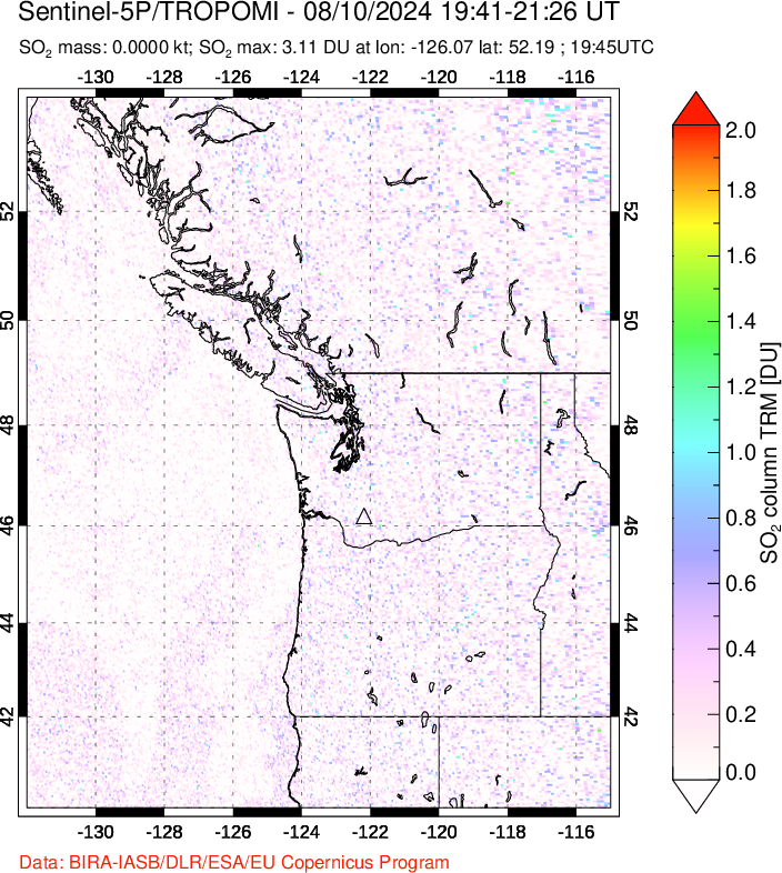 A sulfur dioxide image over Cascade Range, USA on Aug 10, 2024.