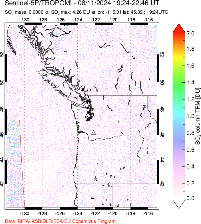 A sulfur dioxide image over Cascade Range, USA on Aug 11, 2024.