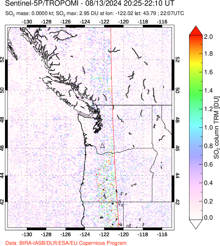 A sulfur dioxide image over Cascade Range, USA on Aug 13, 2024.